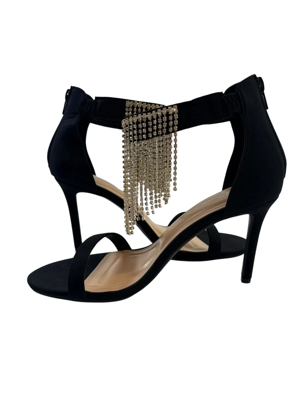 Silver Slipper Fiona Black Rhinestone Fringe Heels Size 8.5M Dress Sandals NIB